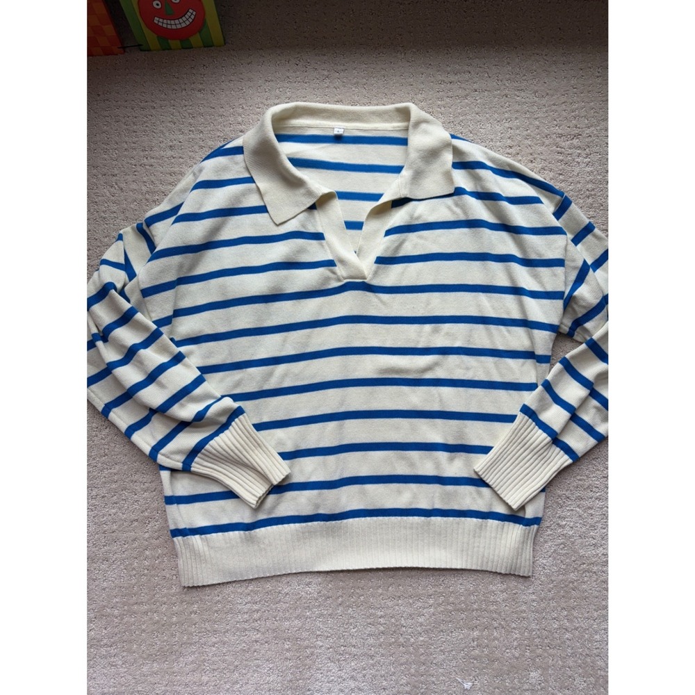 Striped Polo Sweater L Blue Cream Boxy Coastal Preppy Minimalist